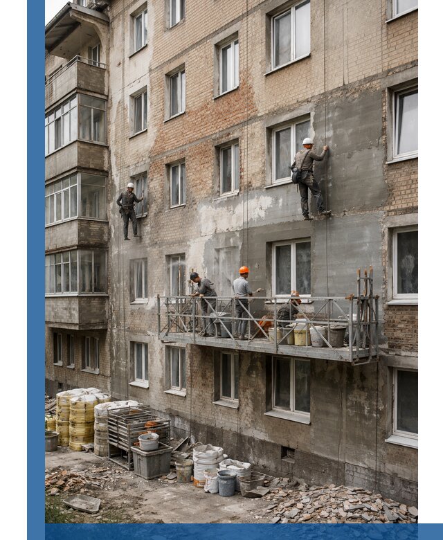 Капитальный ремонт фасада в Магнитогорске с восстановлением и гидроизоляцией