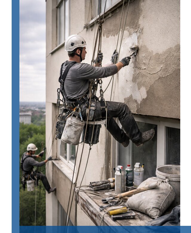 Косметический ремонт фасада зданий в Магнитогорске промышленными альпинистами