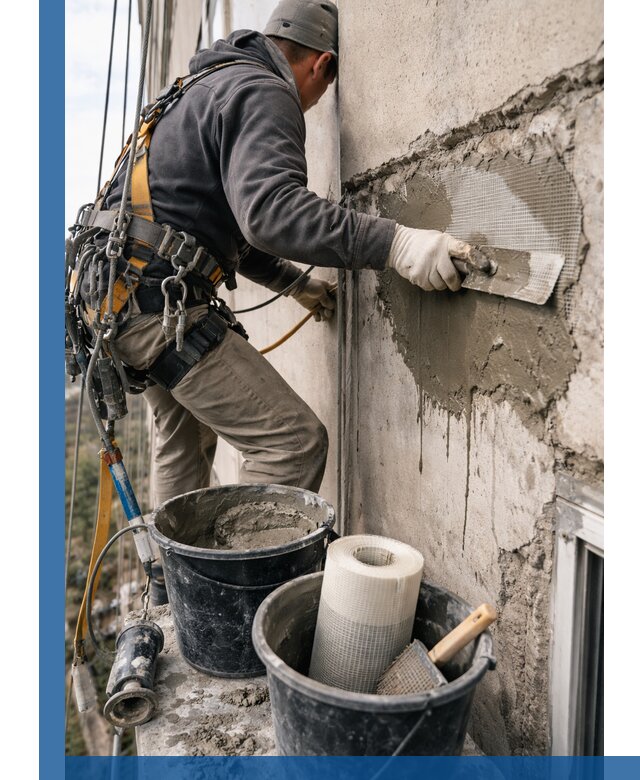 Ремонт бетонных элементов фасада промышленными альпинистами в Магнитогорске