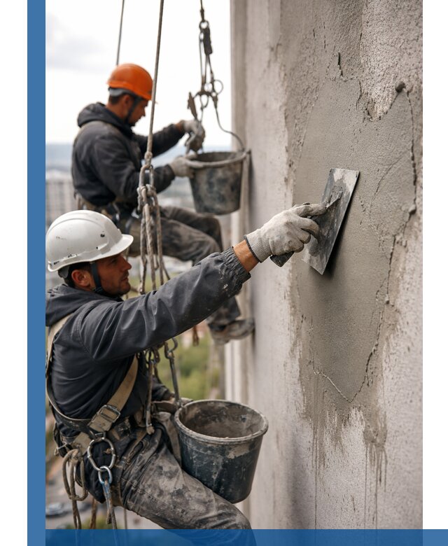 Штукатурка фасада на высоте в Магнитогорске профессиональные работы