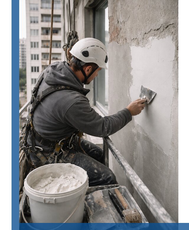 Шпаклевка фасадов на высоте с промальпинистами в Магнитогорске