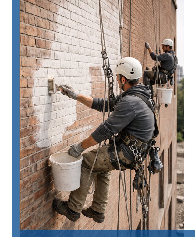 Покраска кирпичного фасада с доступным альпинистским сервисом в Магнитогорске