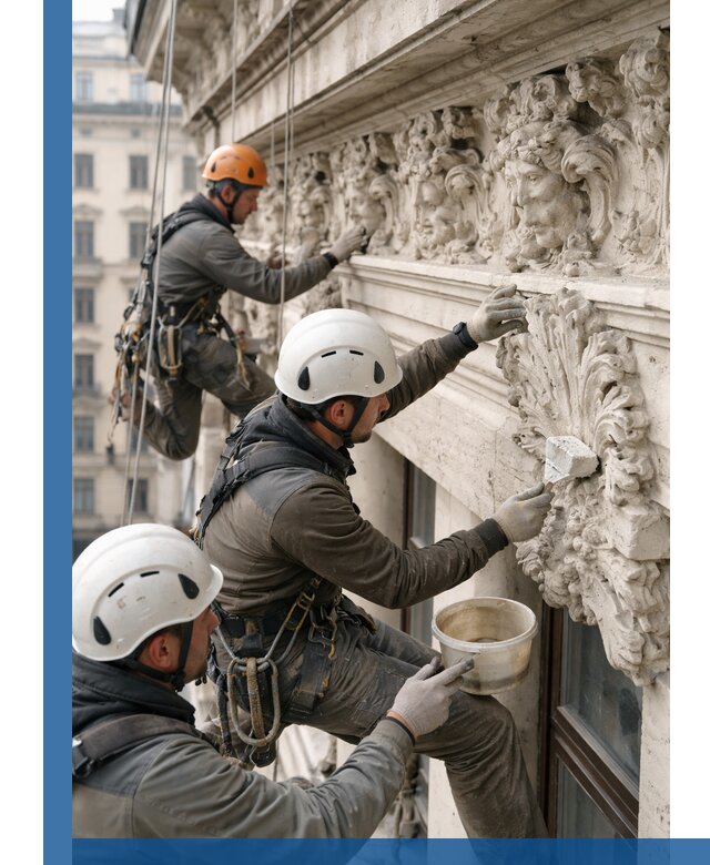 Реставрация фасадной лепнины с высотными работами в Магнитогорске