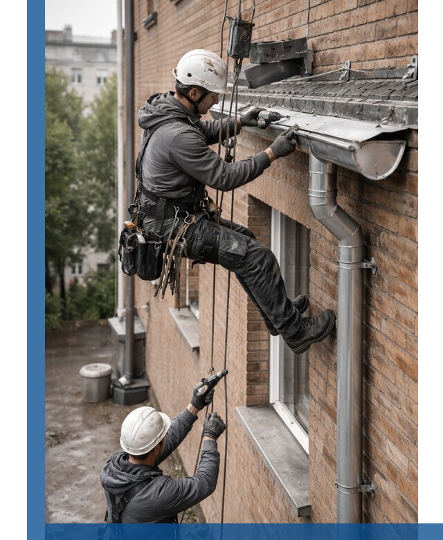 Монтаж водосточной системы на здании в Магнитогорске под ключ