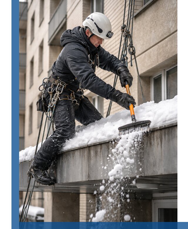 Очистка козырьков от снега в Магнитогорске круглогодично безопасно