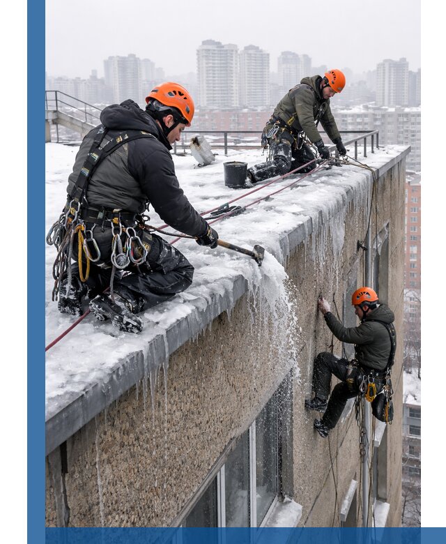 Удаление наледи с кровли в Магнитогорске промышленными альпинистами