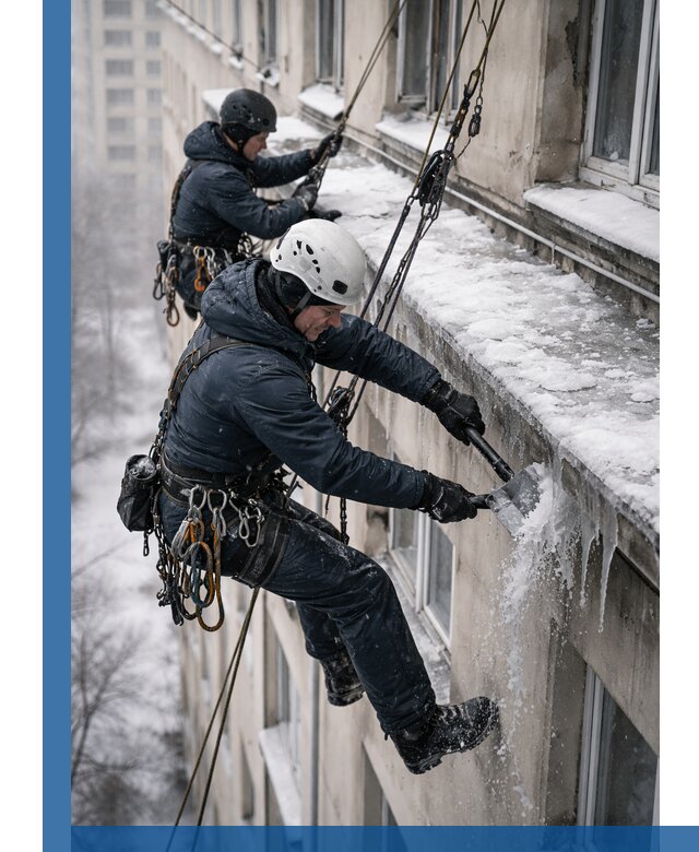 Удаление наледи и сосулек с карнизов в Магнитогорске профессионально