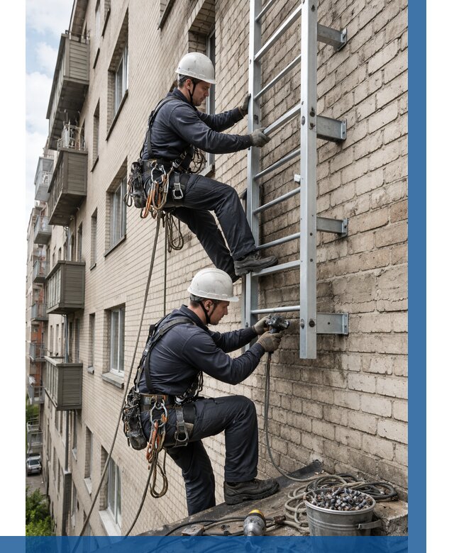 Монтаж пожарной лестницы в Магнитогорске от 25863 р заказать у ВЫСОТНИК-Мгн