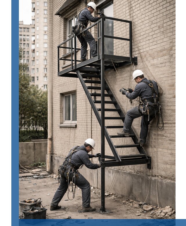 Монтаж пожарной лестницы в Магнитогорске, установка и крепление