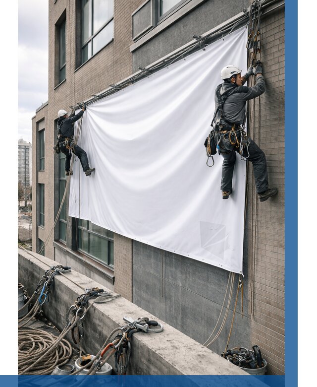 Монтаж баннеров на фасаде в Магнитогорске от 672 р. заказать ВЫСОТНИК-Мгн