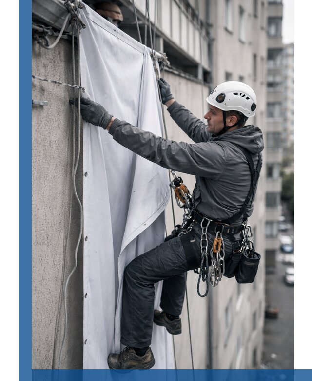 Замена баннерного полотна промышленными альпинистами в Магнитогорске