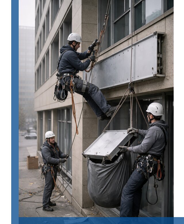 Демонтаж рекламной вывески с высотными работами в Магнитогорске