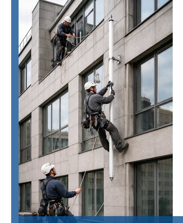 Монтаж флагштока на фасаде здания с креплением и герметикой в Магнитогорске