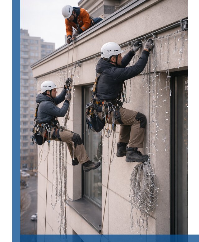 Монтаж праздничных гирлянд на фасаде в Магнитогорске для зданий