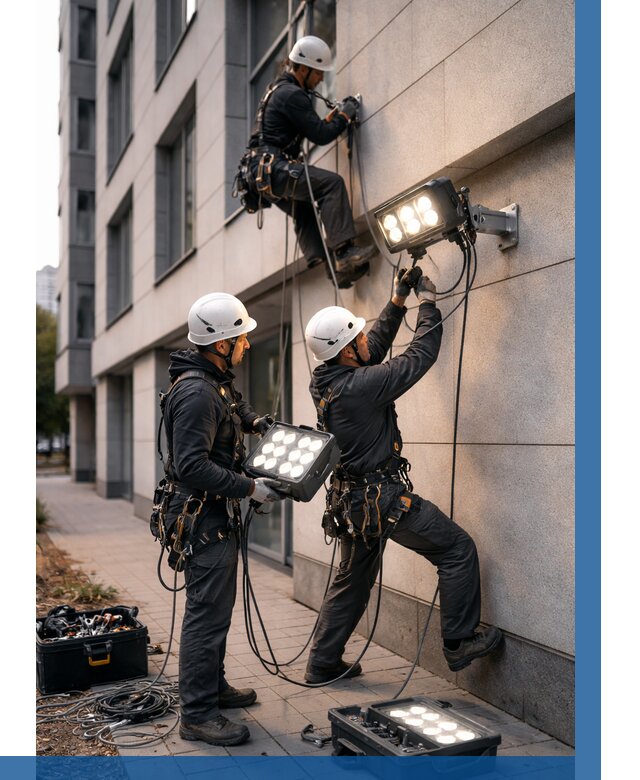 Монтаж прожекторов на фасаде в Магнитогорске от 7759 р. | ВЫСОТНИК-Мгн
