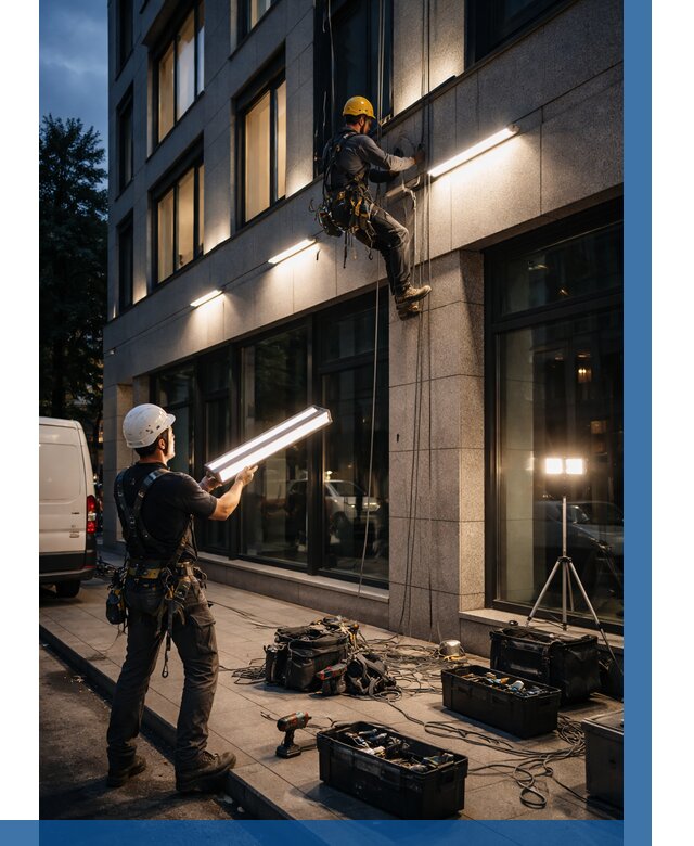 Монтаж архитектурной подсветки здания в Магнитогорске от 2586 р.|ВЫСОТНИК-Мгн