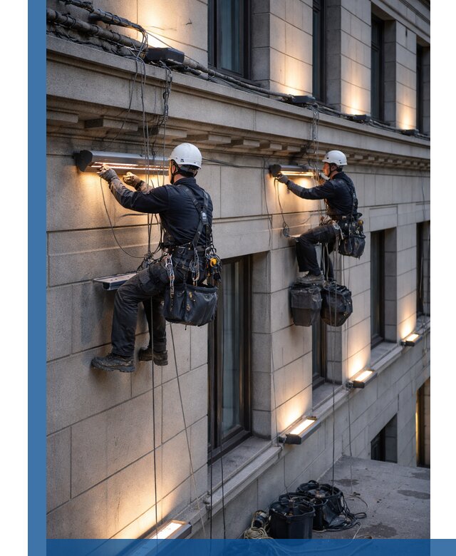 Монтаж архитектурной подсветки фасадов зданий в Магнитогорске