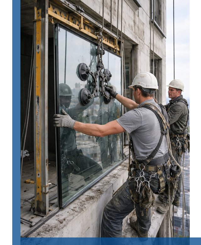 Монтаж стеклопакетов на высоте в Магнитогорске с промышленным альпинизмом