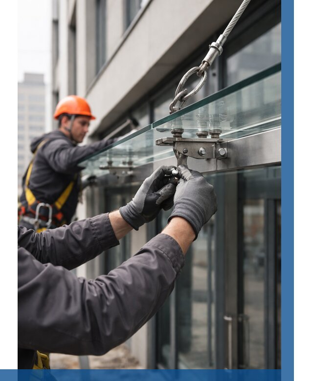 Монтаж стеклянных козырьков в Магнитогорске от 8793 р. | ВЫСОТНИК-Мгн