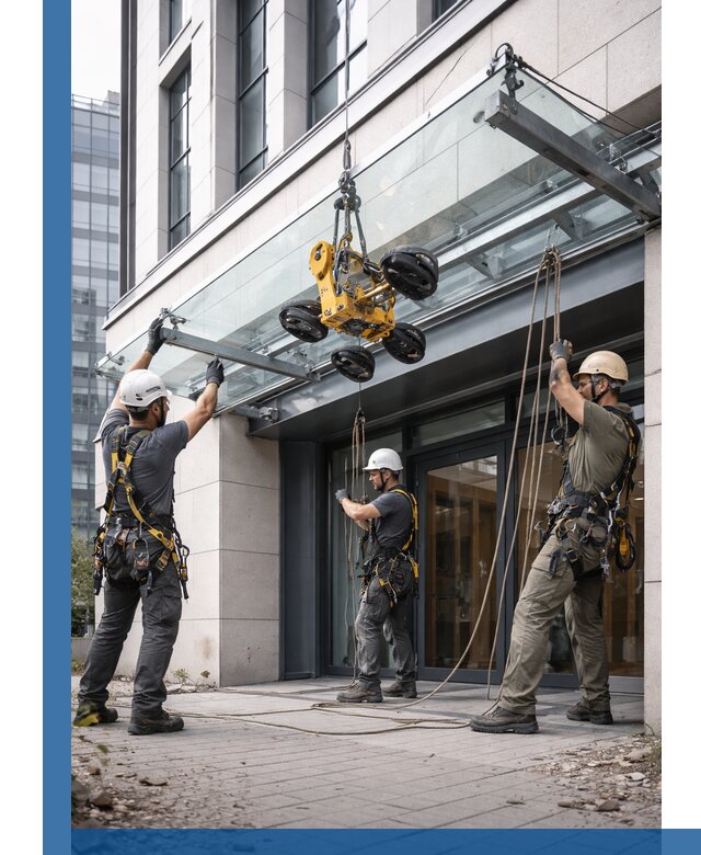 Монтаж стеклянных козырьков под ключ в Магнитогорске для зданий