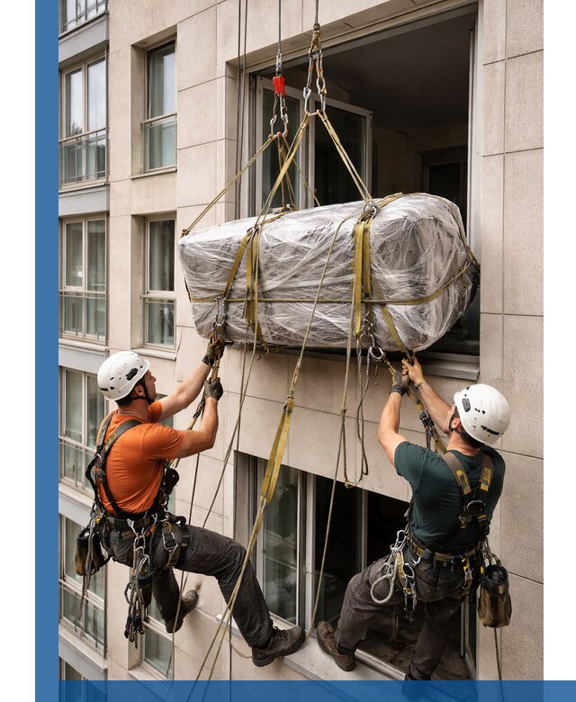 Подъем грузов через окно в Магнитогорске промышленными альпинистами