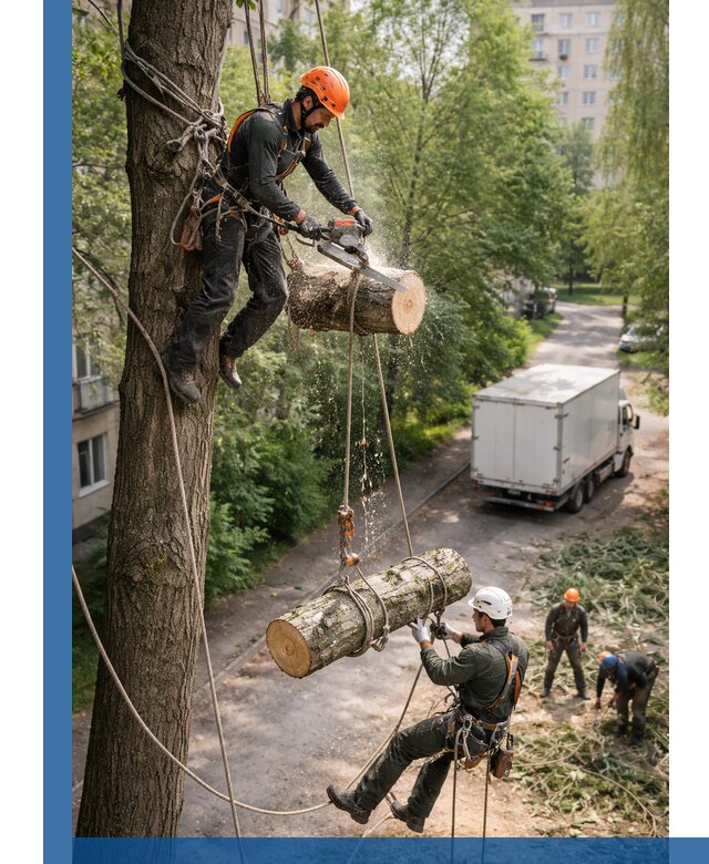 Спил деревьев альпинистами в Магнитогорске, безопасно и без повреждений