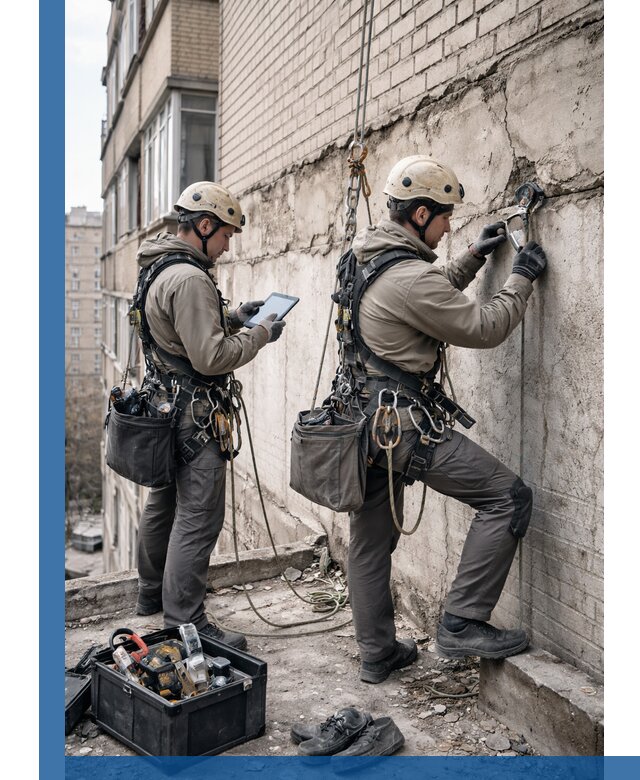 Обследование фасада промышленными альпинистами в Магнитогорске